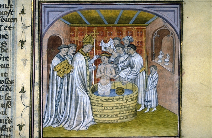 The Baptism of Rollo, from a fourteenth century French Manuscript in the Toulouse Library. 